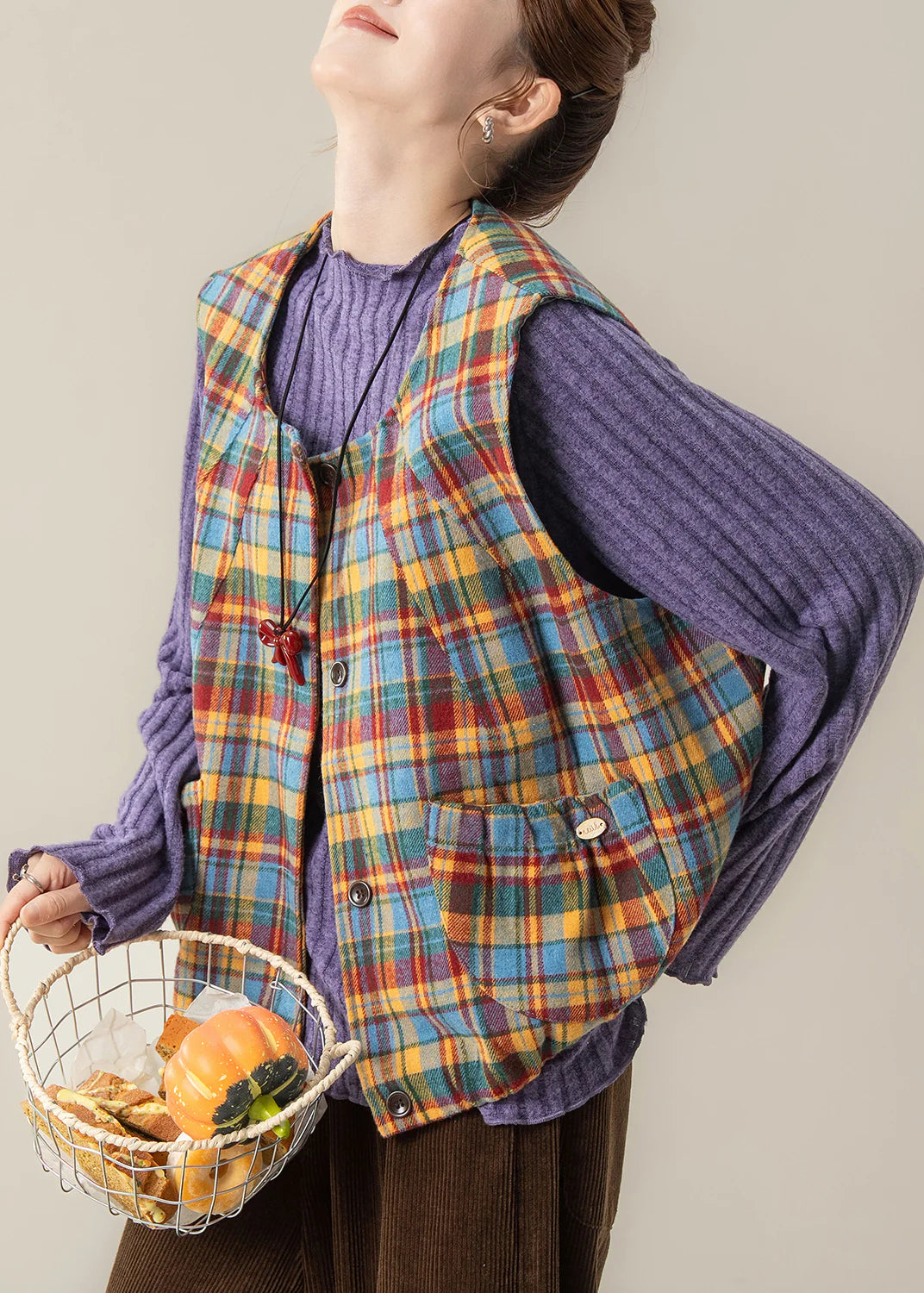 Yellow Plaid Cotton Vest – Oversized Button Front Top for Easy Spring Layering