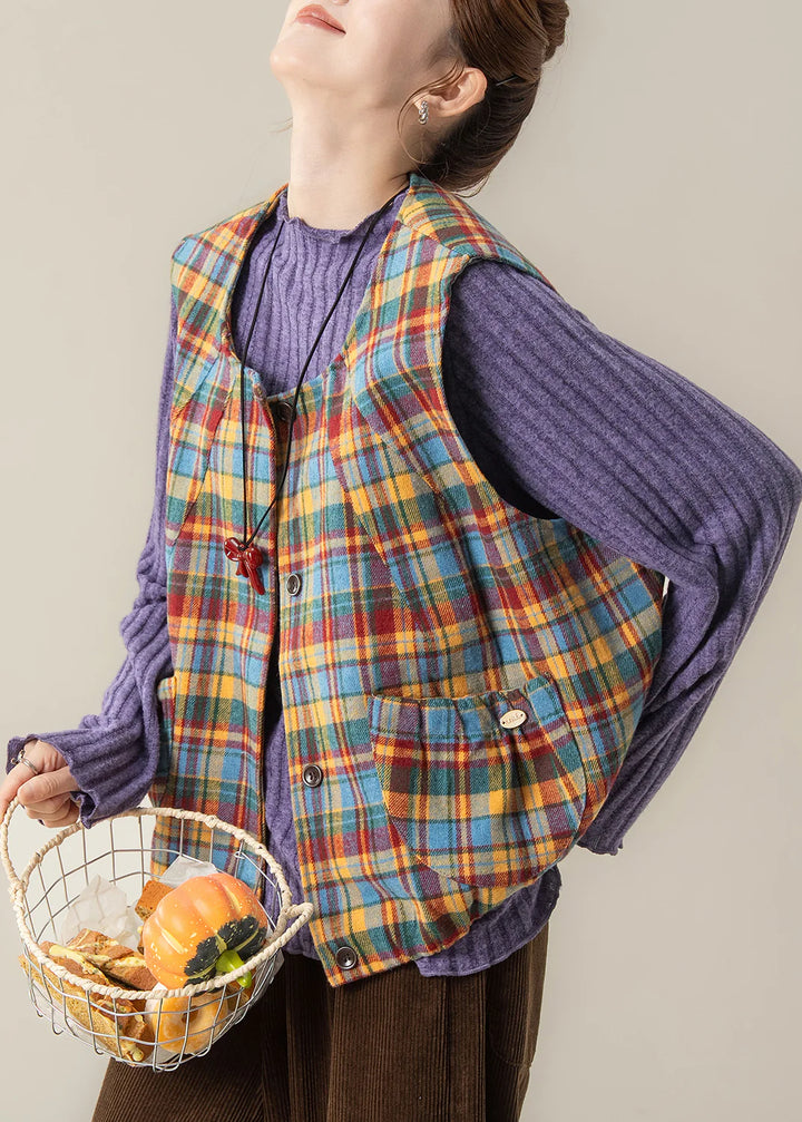 Yellow Plaid Cotton Vest – Oversized Button Front Top for Easy Spring Layering