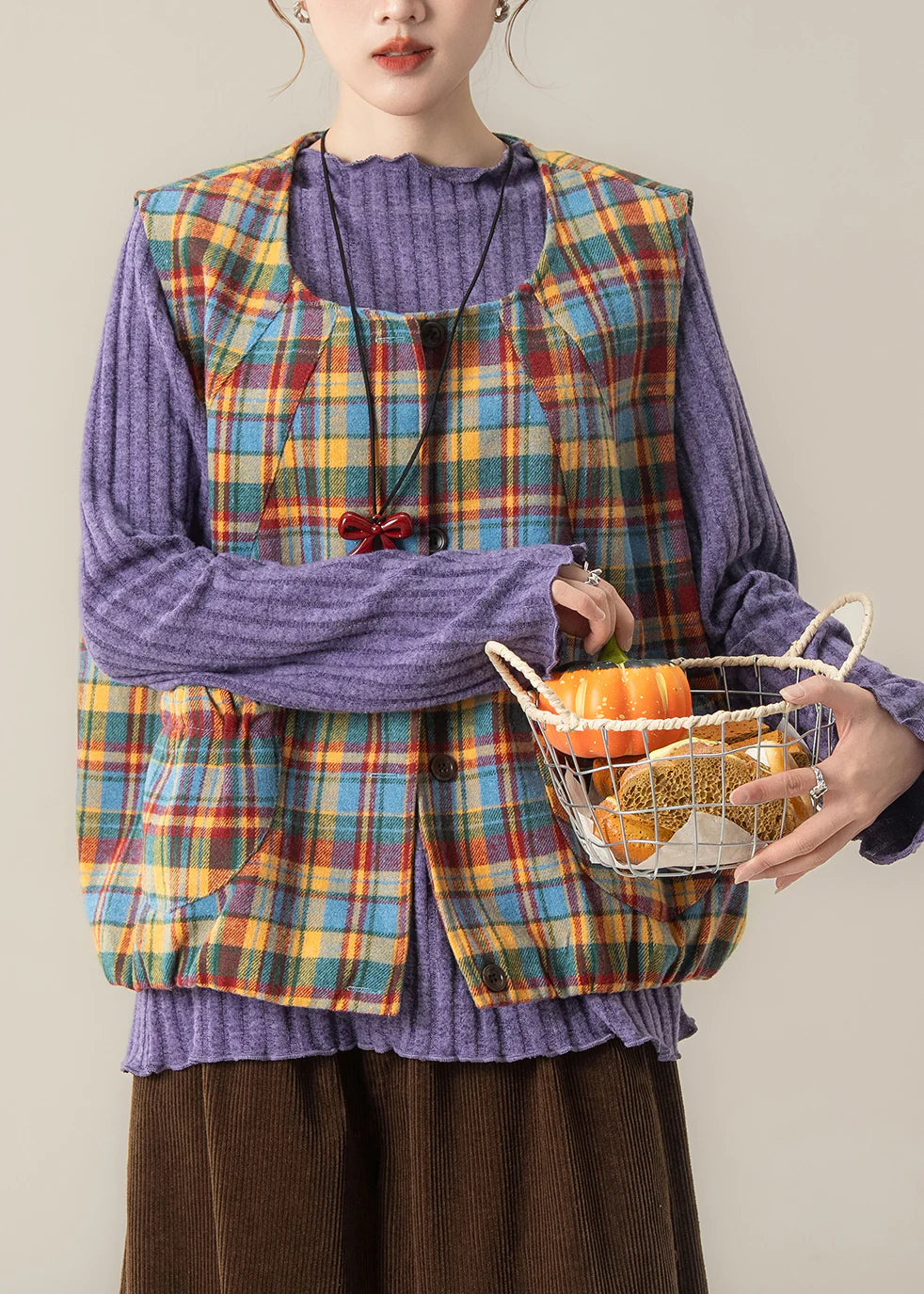 Yellow Plaid Cotton Vest – Oversized Button Front Top for Easy Spring Layering