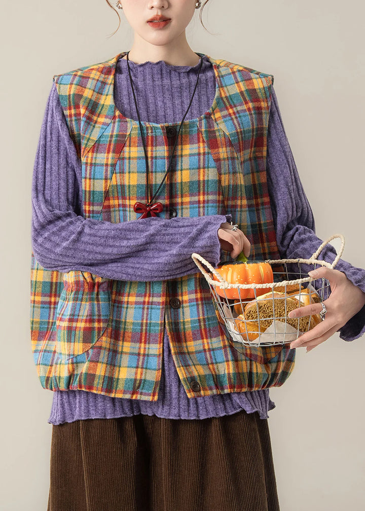 Yellow Plaid Cotton Vest – Oversized Button Front Top for Easy Spring Layering
