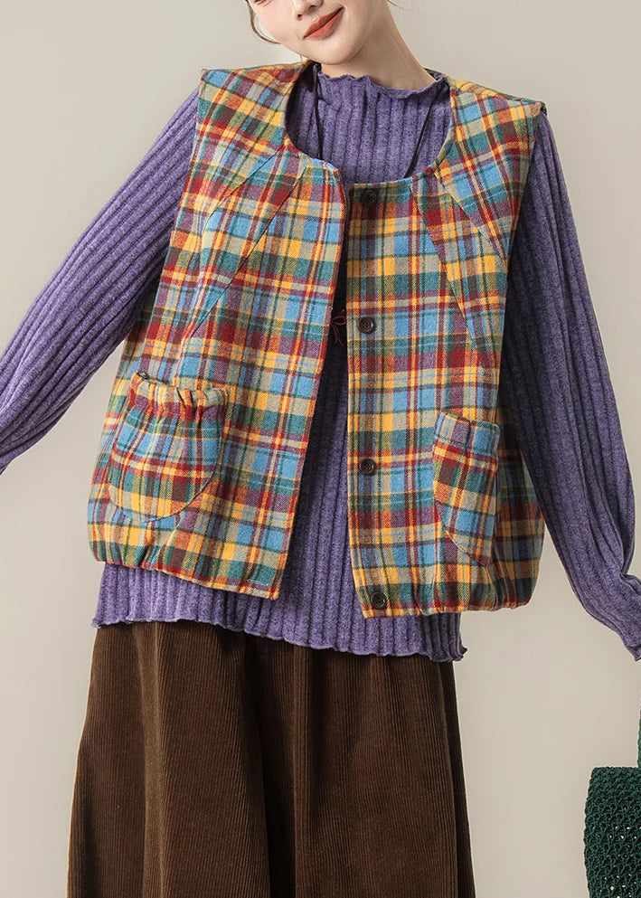 Yellow Plaid Cotton Vest – Oversized Button Front Top for Easy Spring Layering