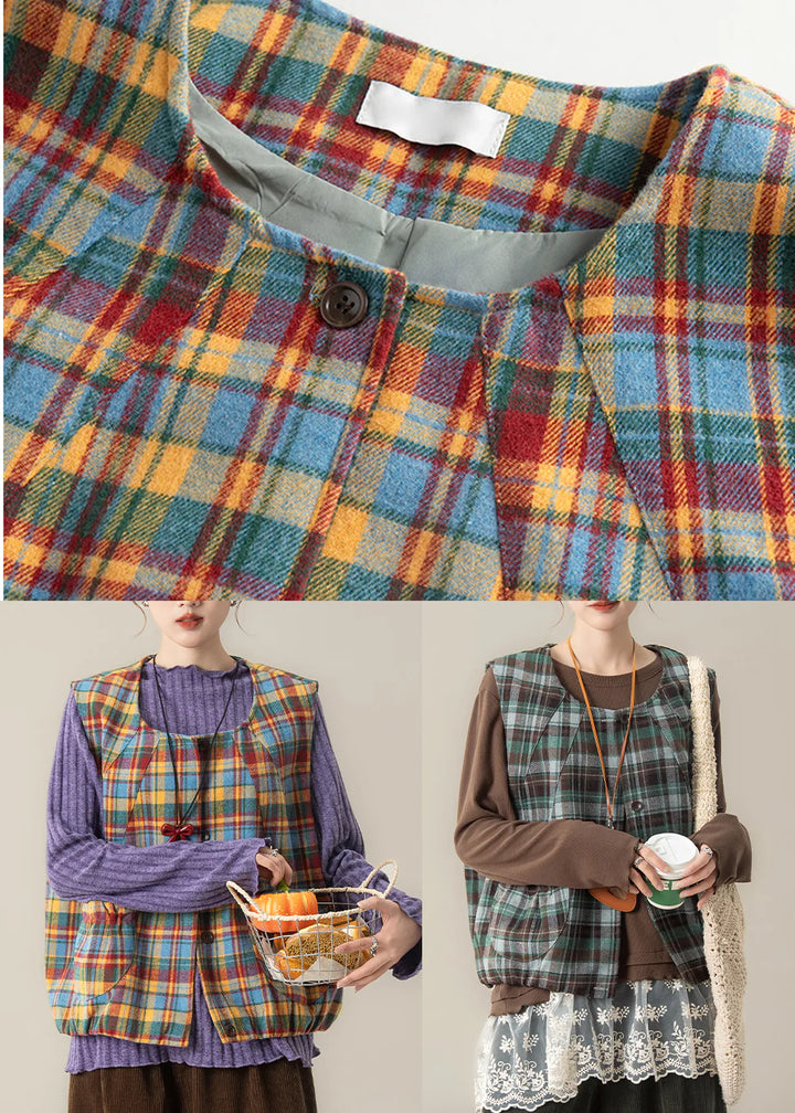 Yellow Plaid Cotton Vest – Oversized Button Front Top for Easy Spring Layering