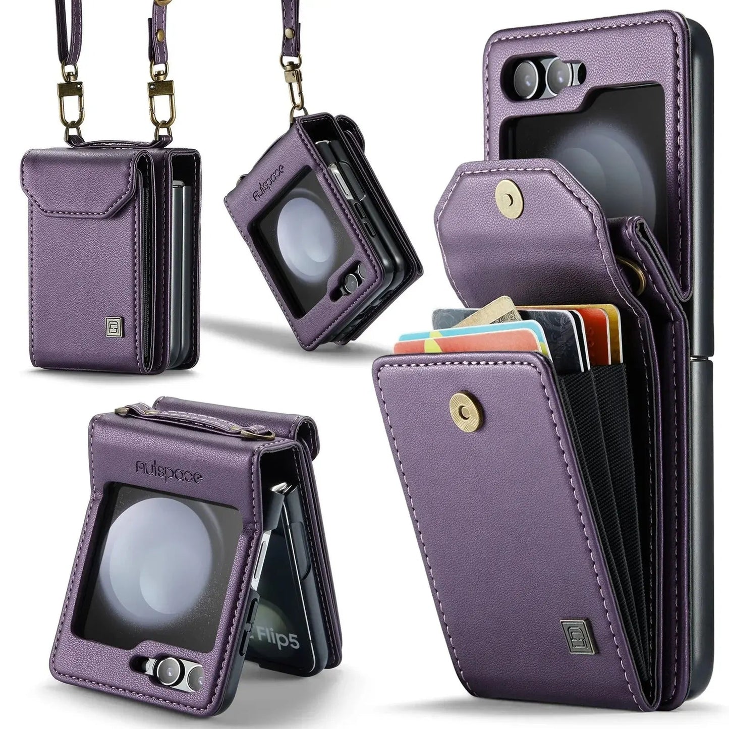 Premium Leather Wallet Case with Strap for Galaxy Z Flip