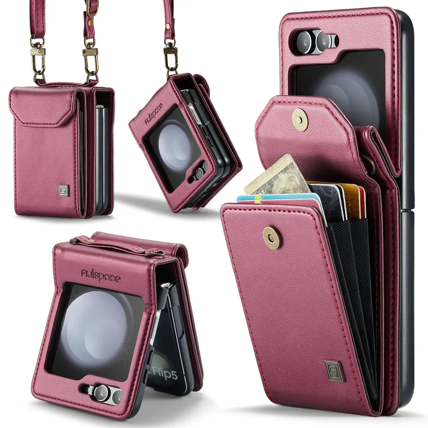 Premium Leather Wallet Case with Strap for Galaxy Z Flip