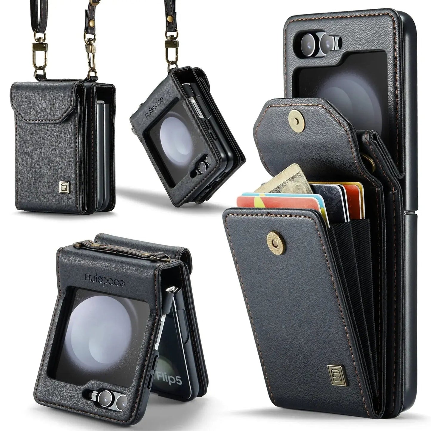 Premium Leather Wallet Case with Strap for Galaxy Z Flip