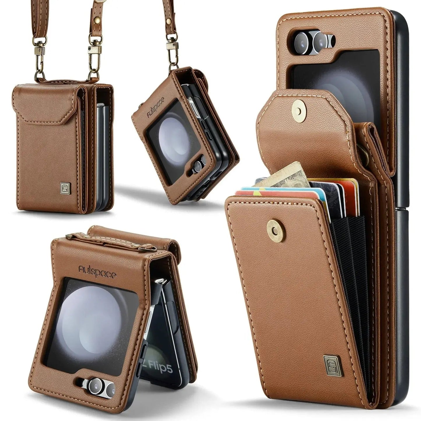 Premium Leather Wallet Case with Strap for Galaxy Z Flip