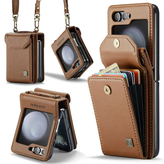 Premium Leather Wallet Case with Strap for Galaxy Z Flip