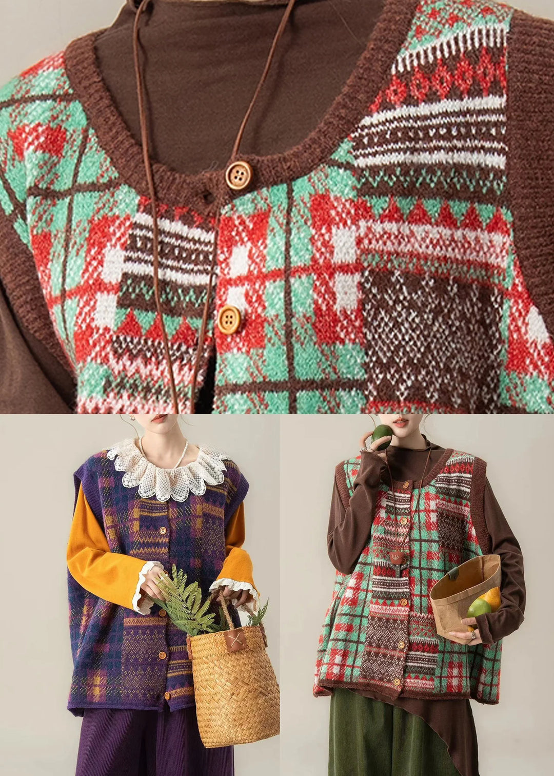 Green Patchwork Knit Waistcoat