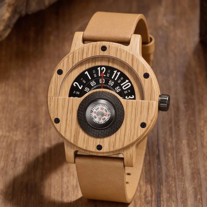 Helvani Wooden Watch – Vintage Compass Dial Leather Timepiece