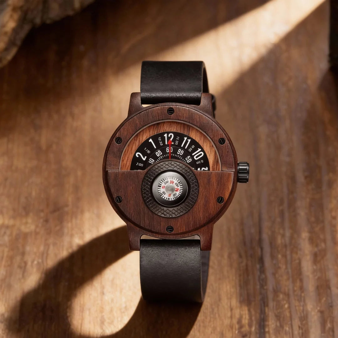 Helvani Wooden Watch – Vintage Compass Dial Leather Timepiece