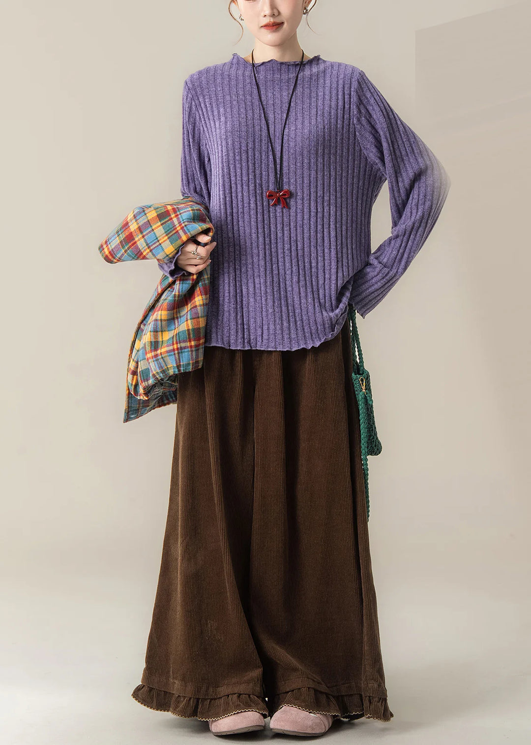 Oversized Striped Knit Pullover – Purple Ribbed Winter Sweater