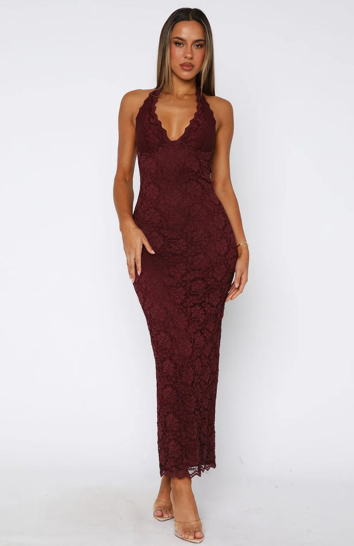 Lace Maxi Dress – Elegant Halter Neck Bodycon Evening Style