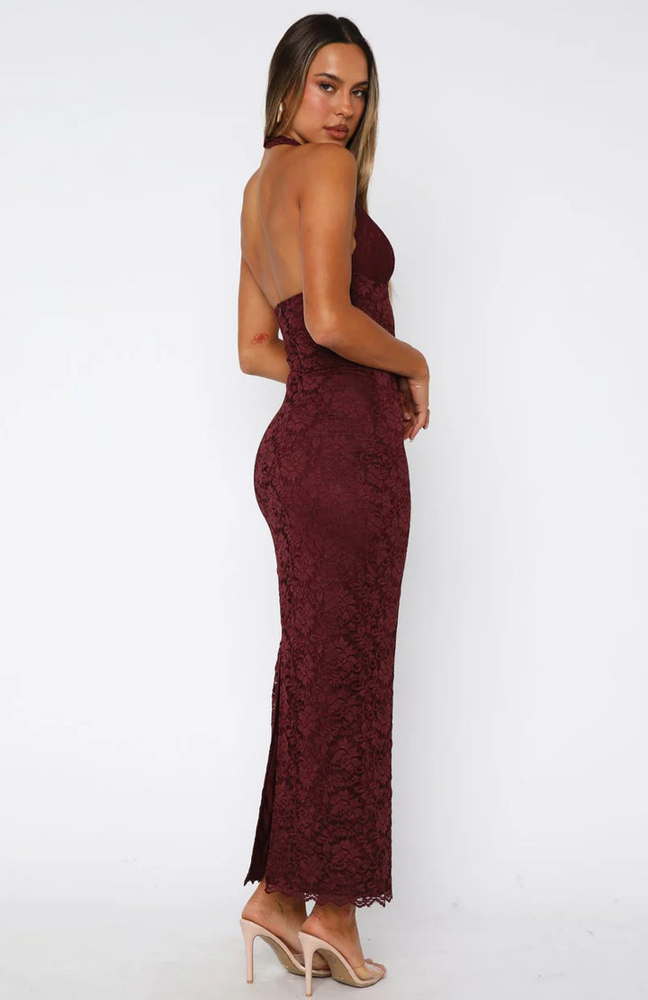 Lace Maxi Dress – Elegant Halter Neck Bodycon Evening Style
