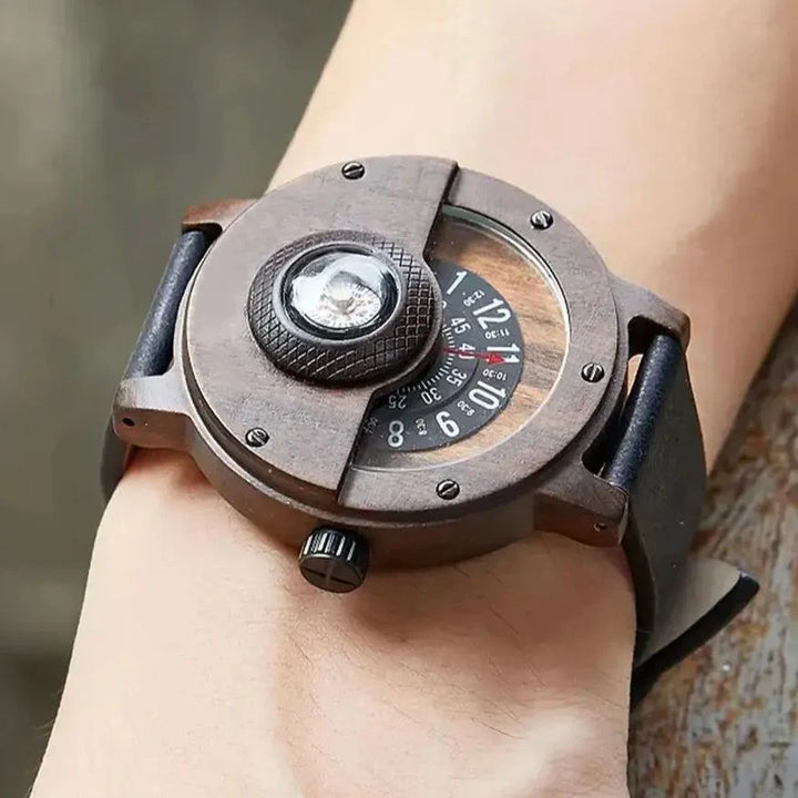Helvani Wooden Watch – Vintage Compass Dial Leather Timepiece