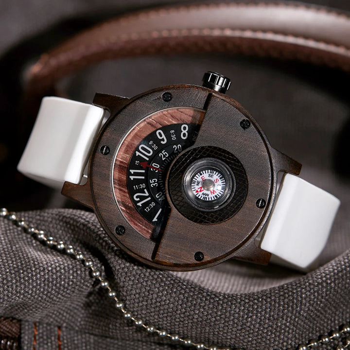 Helvani Wooden Watch – Vintage Compass Dial Leather Timepiece