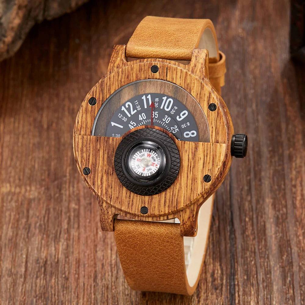 Helvani Wooden Watch – Vintage Compass Dial Leather Timepiece