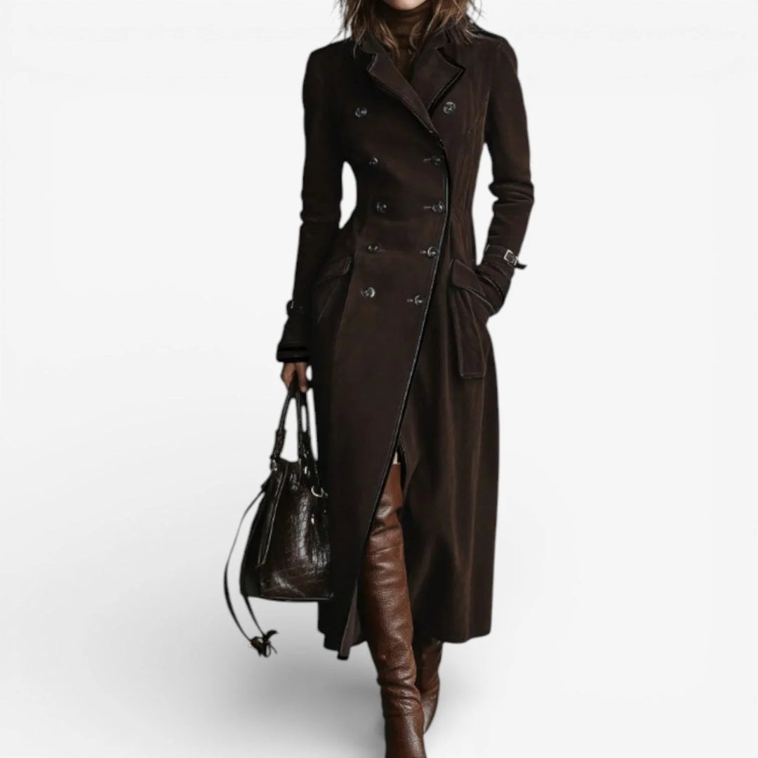 Suede Trench Coat – Long Tailored Double-Button Winter Outerwear
