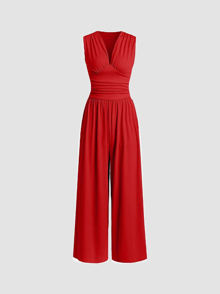 Chic Sleeveless Wide-Leg Jumpsuit – Elegant V-Neck Flow Fit