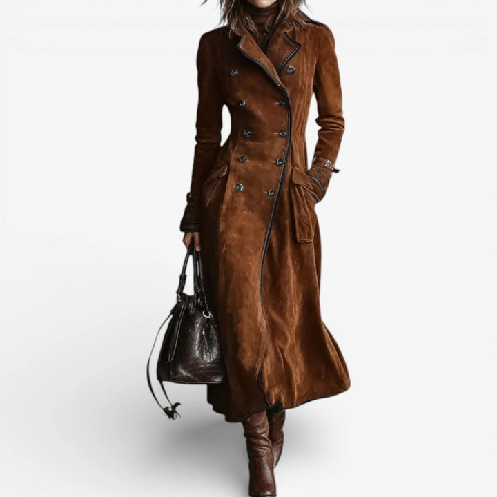 Suede Trench Coat – Long Tailored Double-Button Winter Outerwear