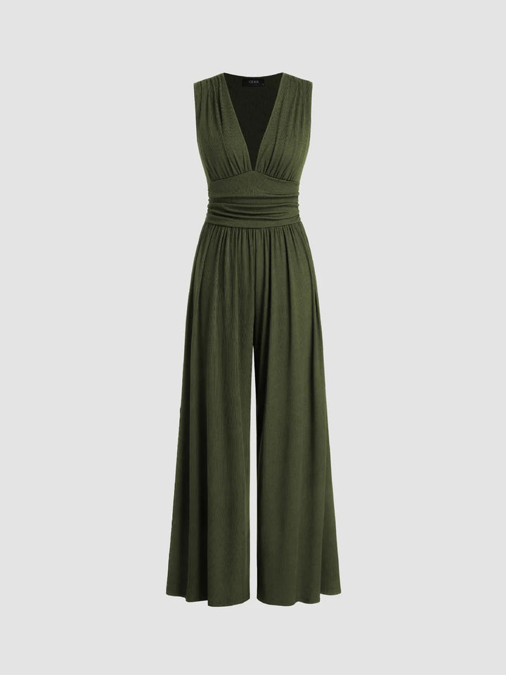 Chic Sleeveless Wide-Leg Jumpsuit – Elegant V-Neck Flow Fit