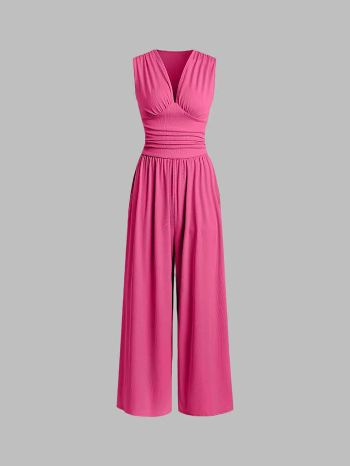 Chic Sleeveless Wide-Leg Jumpsuit – Elegant V-Neck Flow Fit