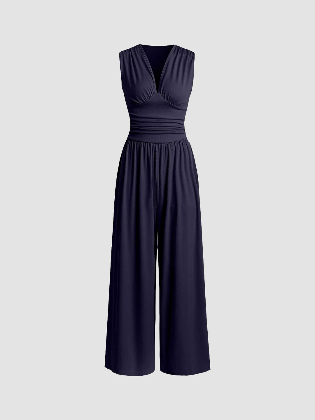 Chic Sleeveless Wide-Leg Jumpsuit – Elegant V-Neck Flow Fit