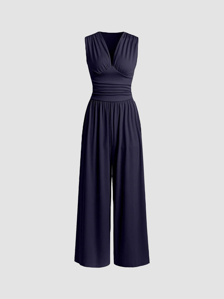 Chic Sleeveless Wide-Leg Jumpsuit – Elegant V-Neck Flow Fit