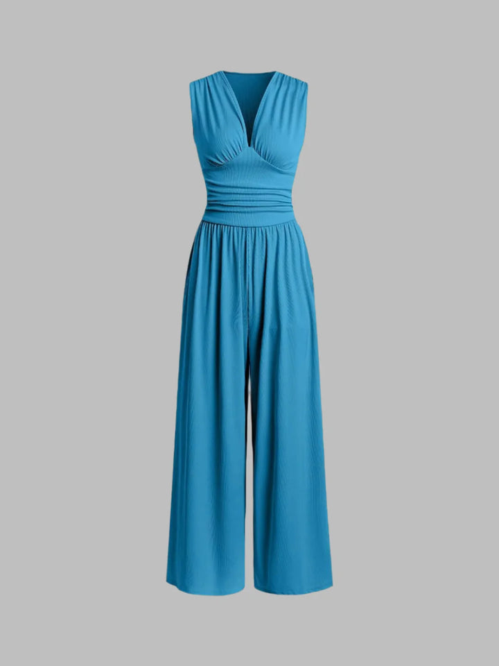 Chic Sleeveless Wide-Leg Jumpsuit – Elegant V-Neck Flow Fit