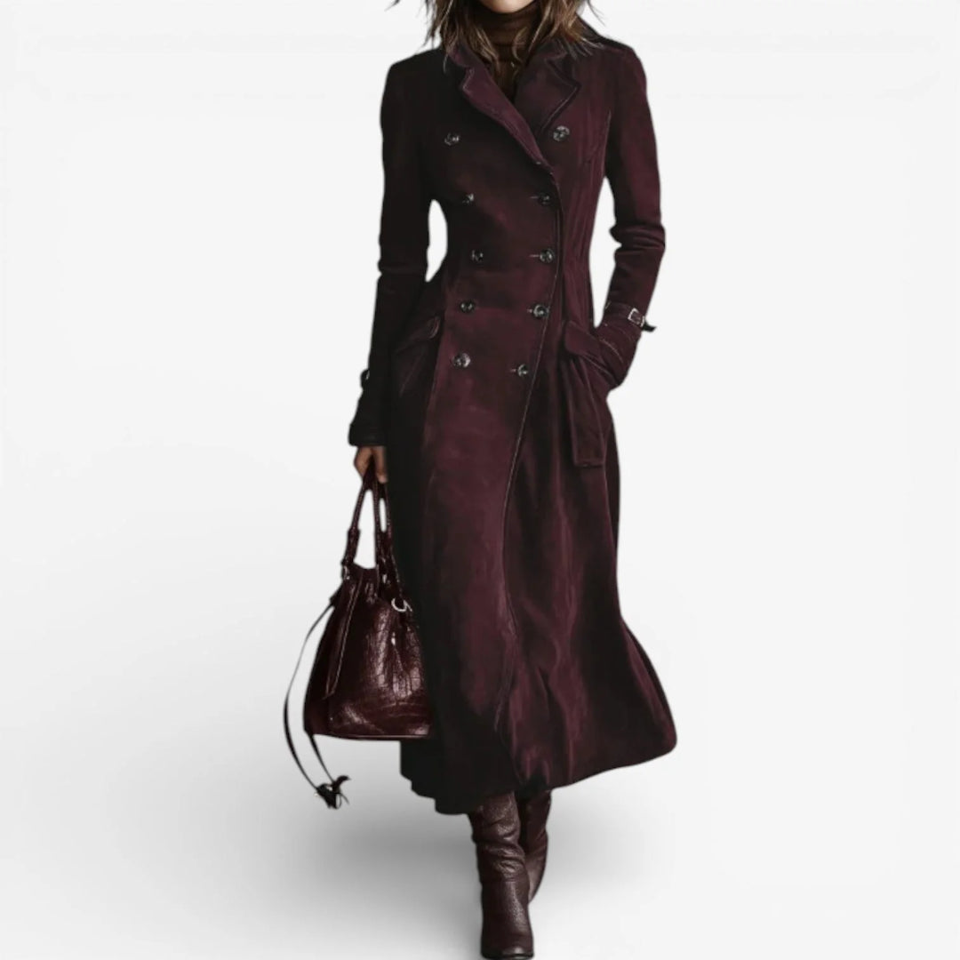 Suede Trench Coat – Long Tailored Double-Button Winter Outerwear