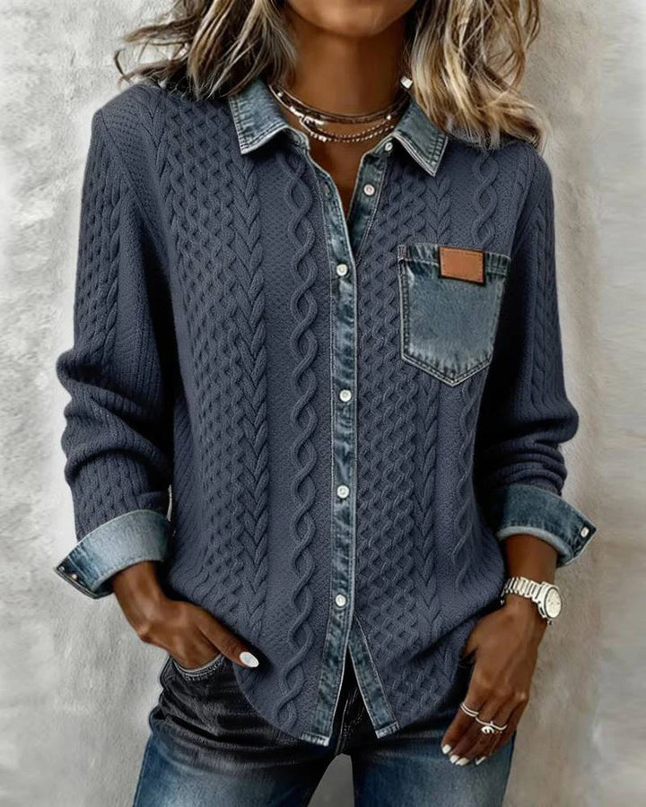 Denim Patchwork Shirt – Cable Knit Button-Up Casual Top for Everyday Wear