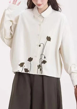 Apricot Cotton Shirt Top – Embroidered Floral Button-Up Blouse for Spring Wear