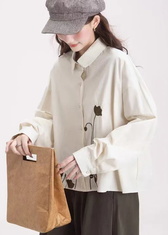 Apricot Cotton Shirt Top – Embroidered Floral Button-Up Blouse for Spring Wear