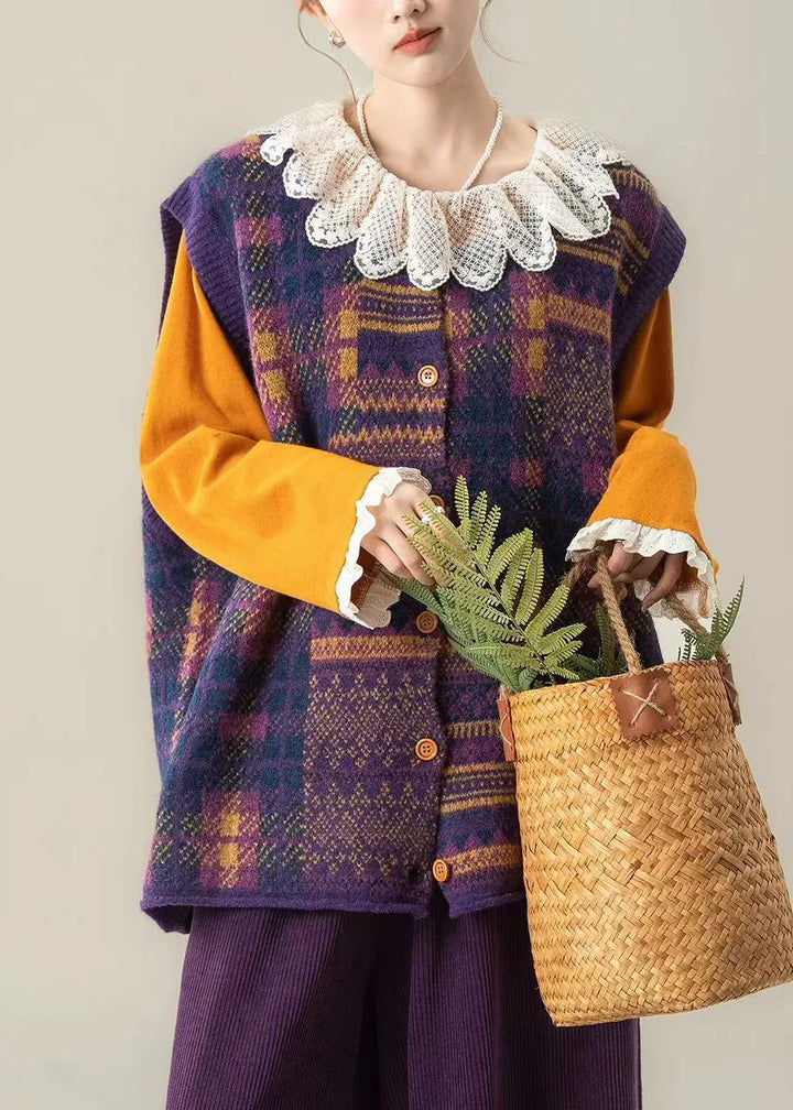 Purple Plaid Knit Waistcoat – O-Neck Sleeveless Cotton Layering Vest