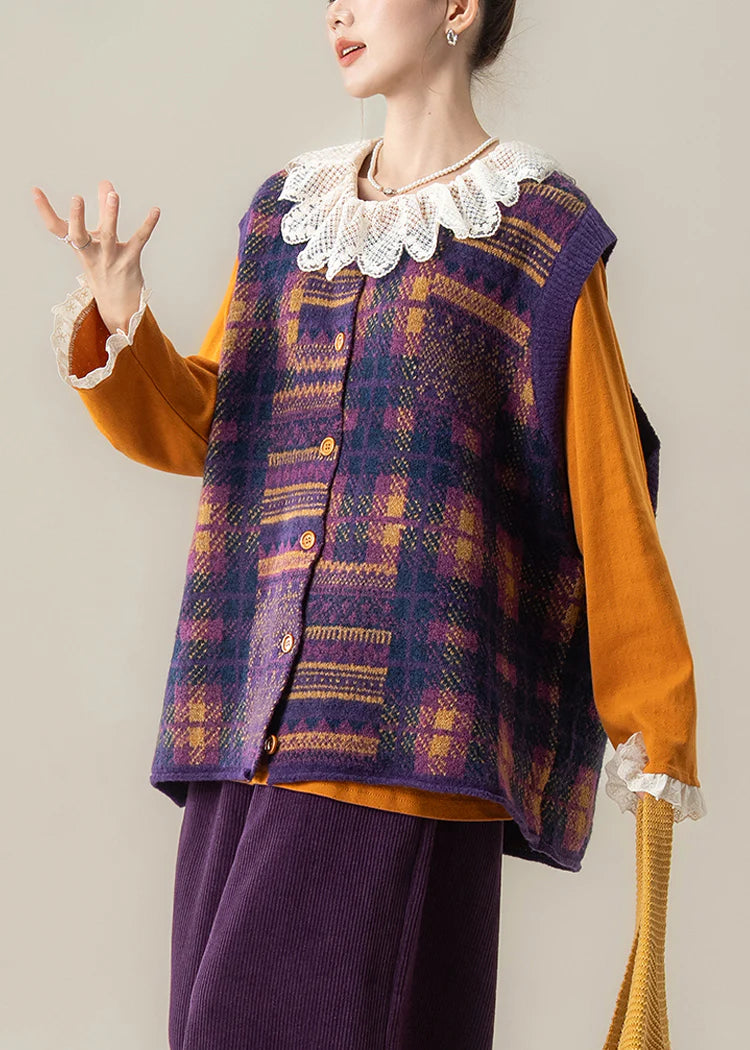 Purple Plaid Knit Waistcoat – O-Neck Sleeveless Cotton Layering Vest