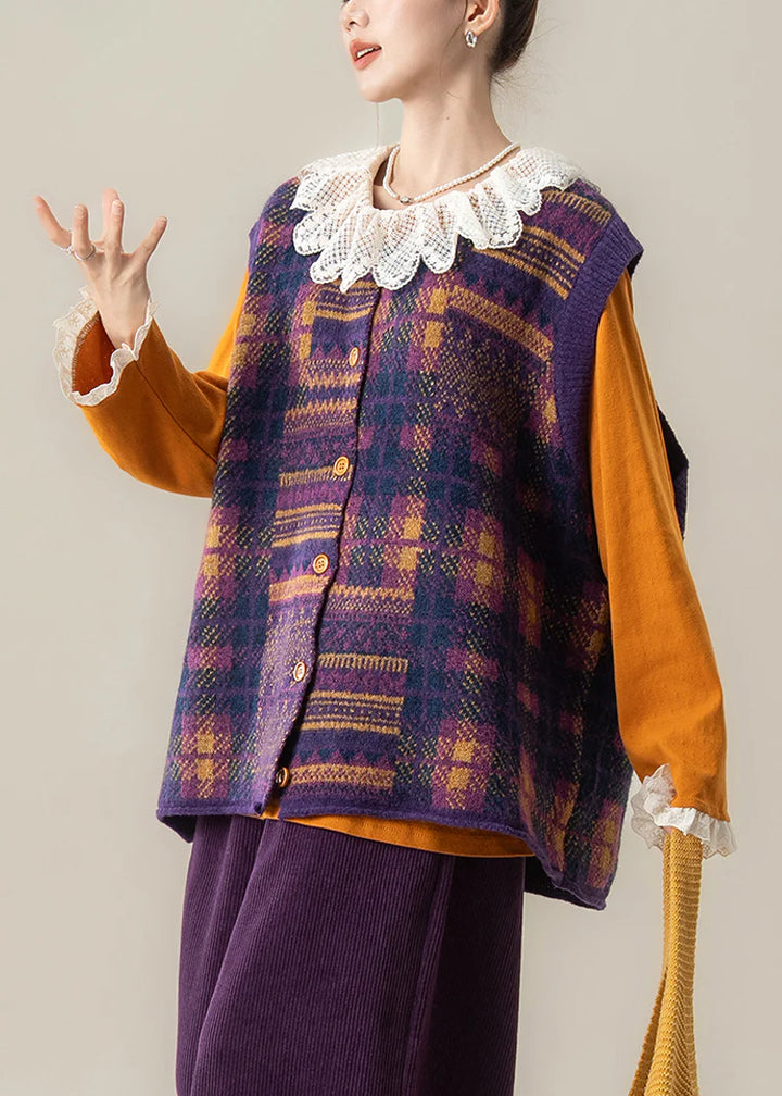 Purple Plaid Knit Waistcoat – O-Neck Sleeveless Cotton Layering Vest