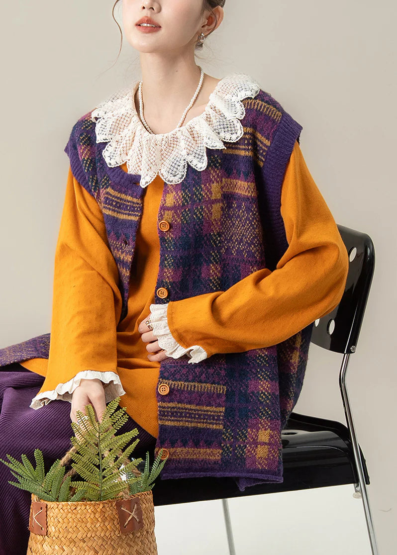 Purple Plaid Knit Waistcoat – O-Neck Sleeveless Cotton Layering Vest