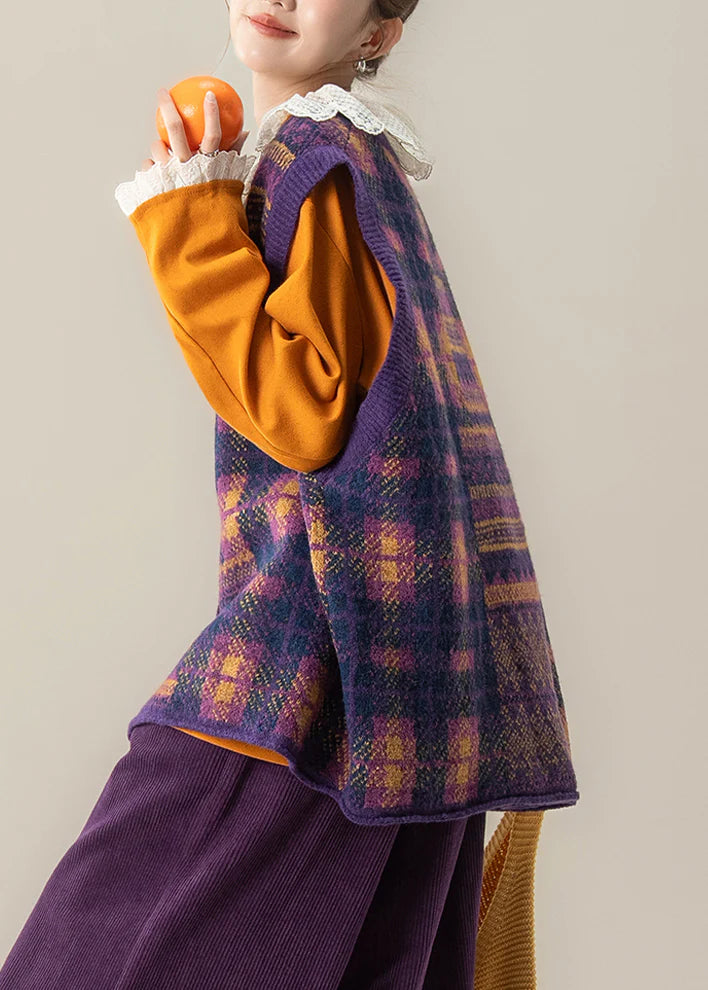 Purple Plaid Knit Waistcoat – O-Neck Sleeveless Cotton Layering Vest