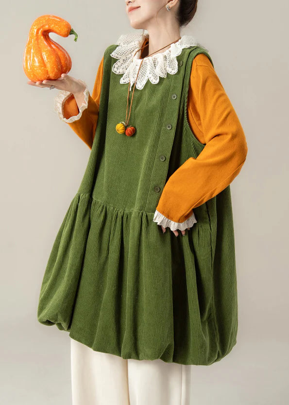 Oversized Corduroy Midi Dress – Plus Size Green Lace Collar Spring Dress