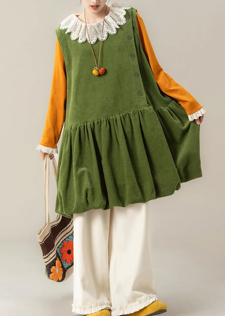 Oversized Corduroy Midi Dress – Plus Size Green Lace Collar Spring Dress