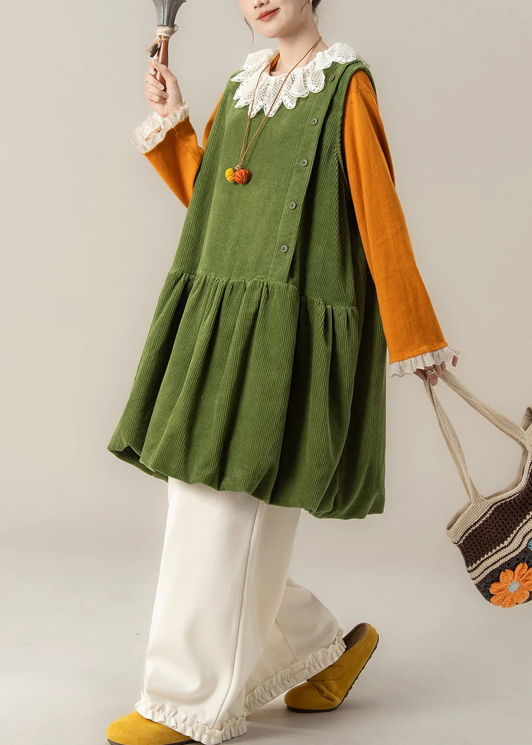 Oversized Corduroy Midi Dress – Plus Size Green Lace Collar Spring Dress