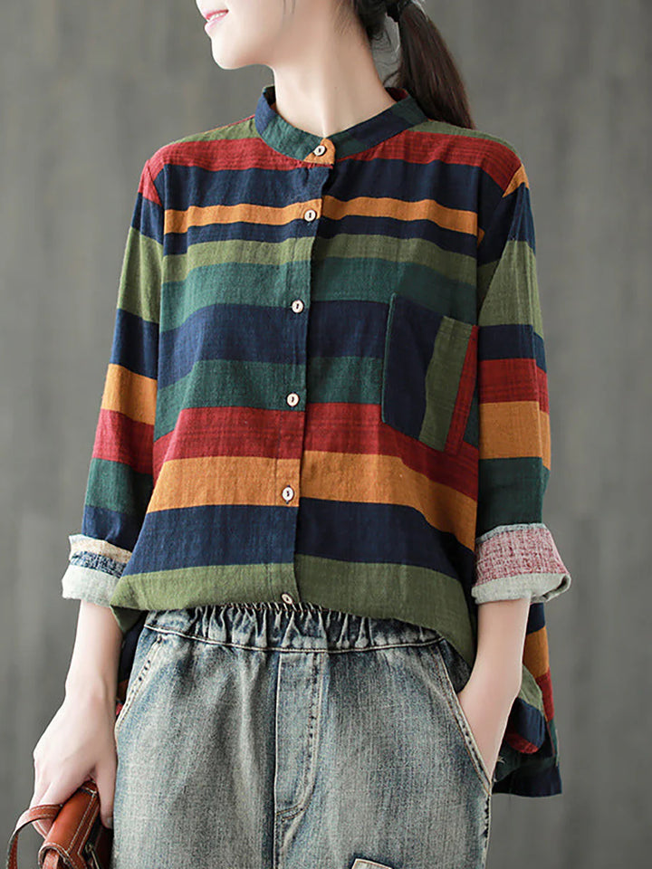 Plus Size Vintage Striped Cotton Shirt – Relaxed Long Sleeve Button-Up Top