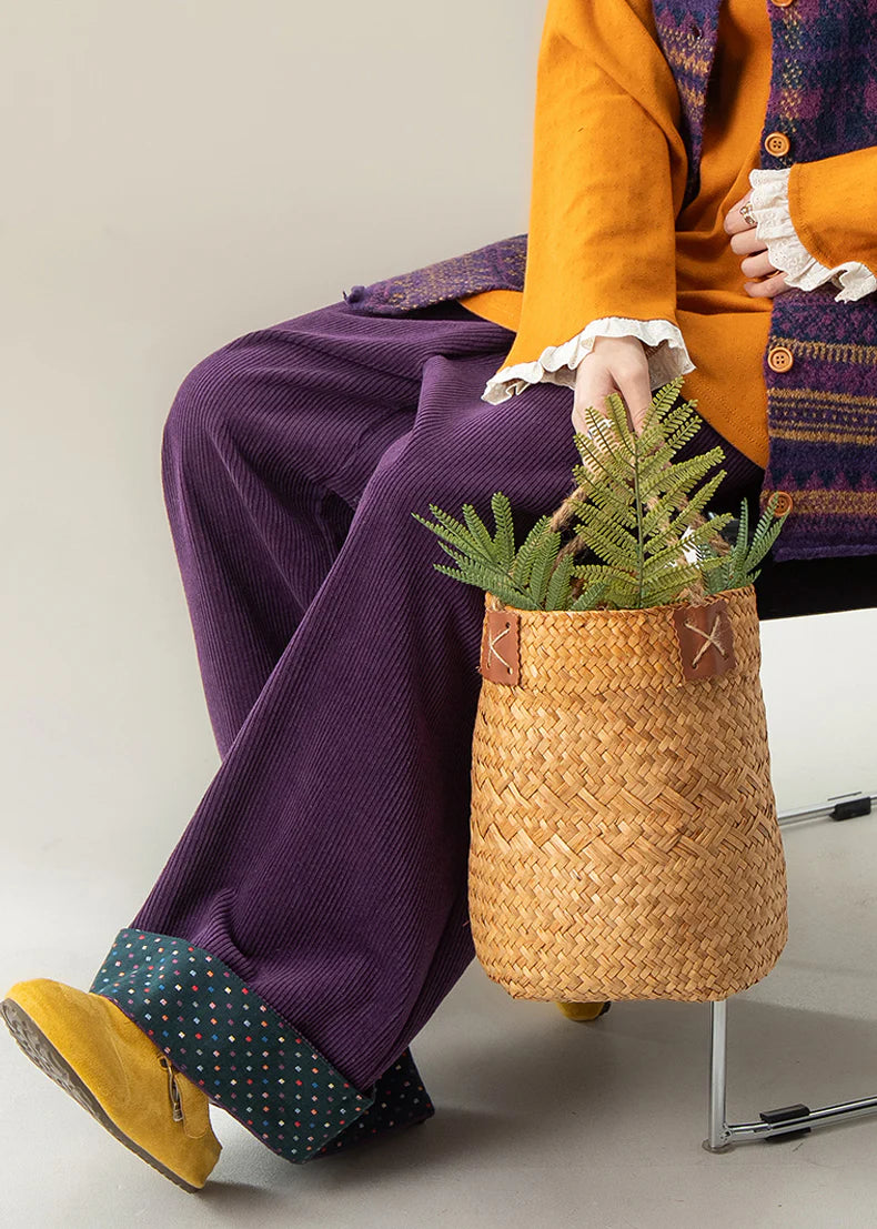 Purple Wide Leg Pants – Elastic Waist Fall Trousers with Dot Cuff Detail
