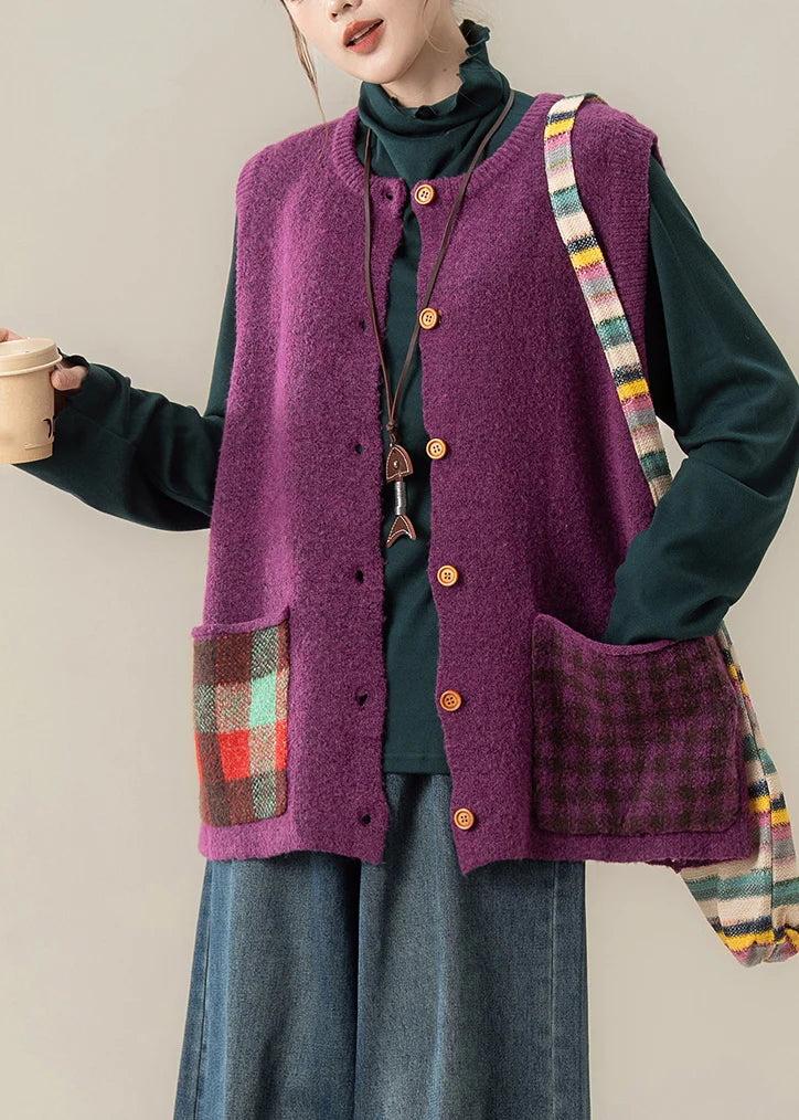 Purple Patchwork Knit Waistcoat – Cozy Button Front Winter Vest