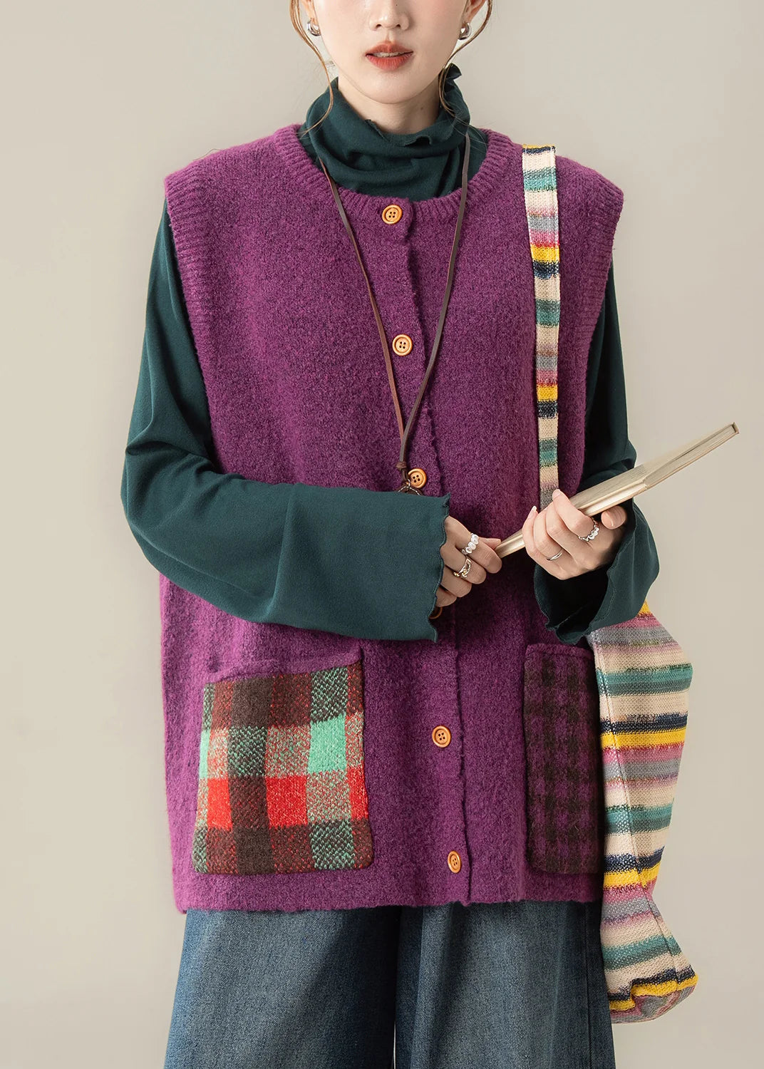Purple Patchwork Knit Waistcoat – Cozy Button Front Winter Vest