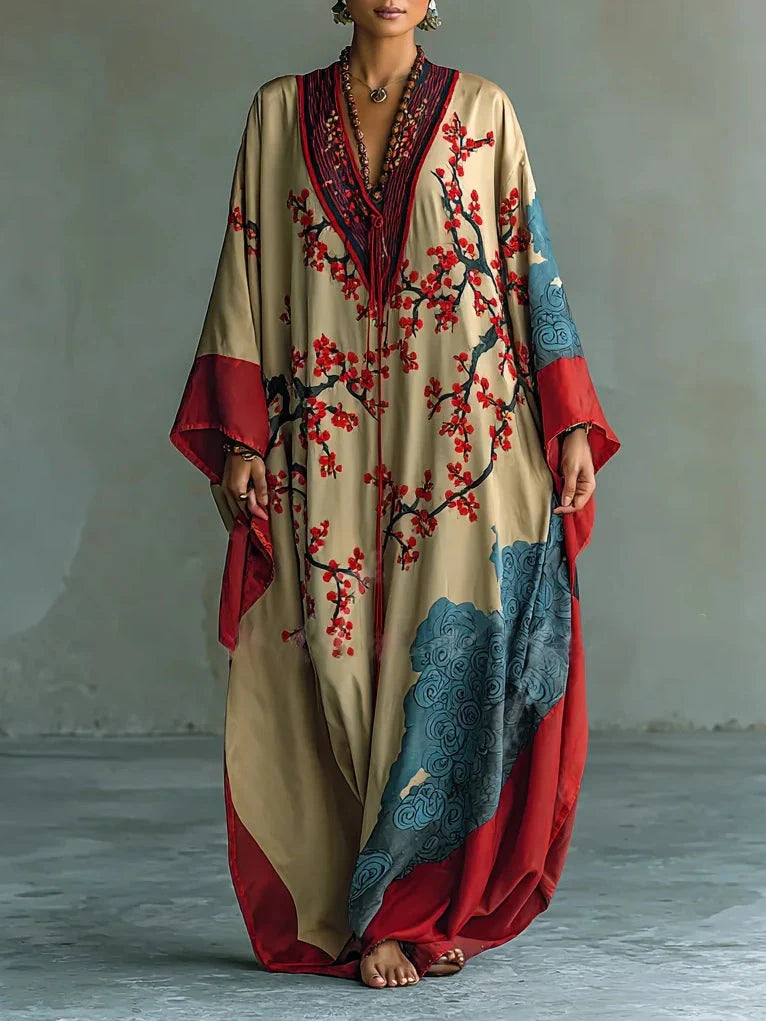 Plum Blossom Print Batwing Sleeve Maxi Dress – Flowing Kimono-Inspired Style