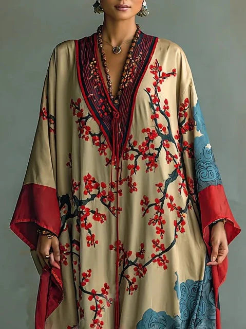 Plum Blossom Print Batwing Sleeve Maxi Dress – Flowing Kimono-Inspired Style