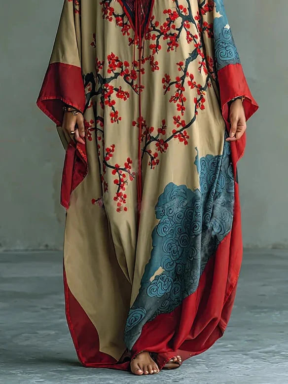 Plum Blossom Print Batwing Sleeve Maxi Dress – Flowing Kimono-Inspired Style