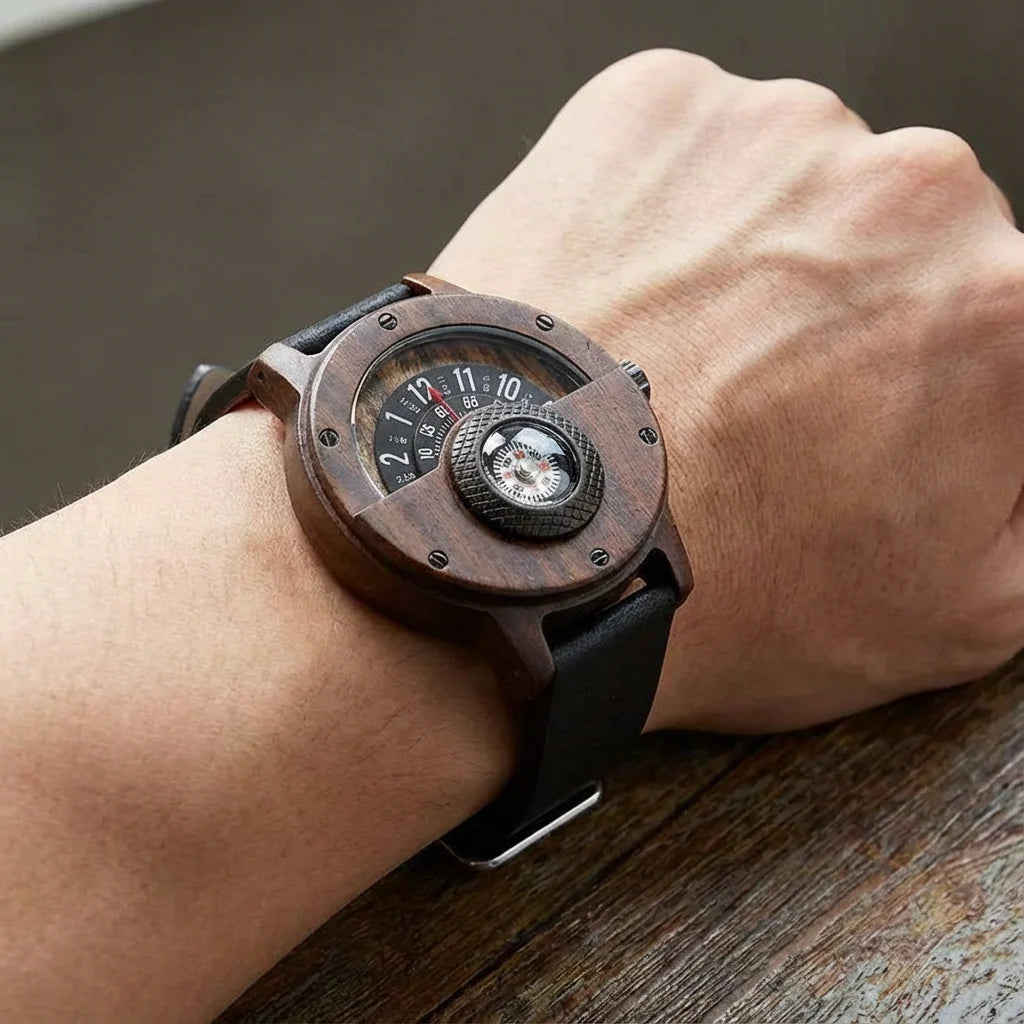 Helvani Wooden Watch – Vintage Compass Dial Leather Timepiece