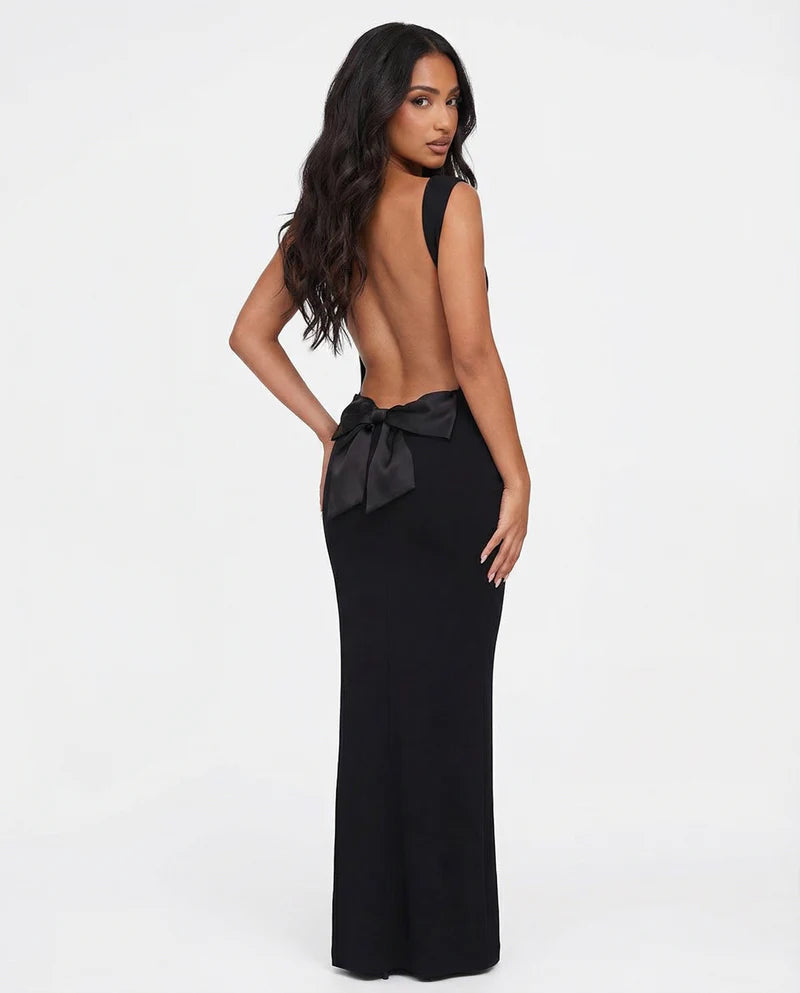 Backless Bow Maxi Dress – Draped Neckline Evening Gown | Elegant Formal Look