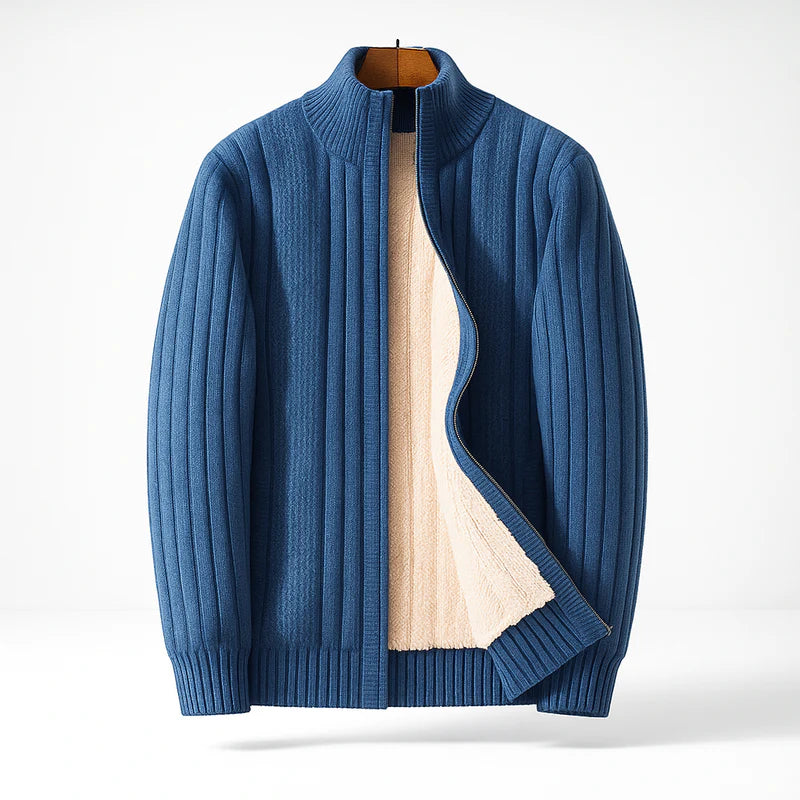 Cashmere-Feel Zip Cardigan – Ribbed Stand Collar Knit Jacket for Men | Warm